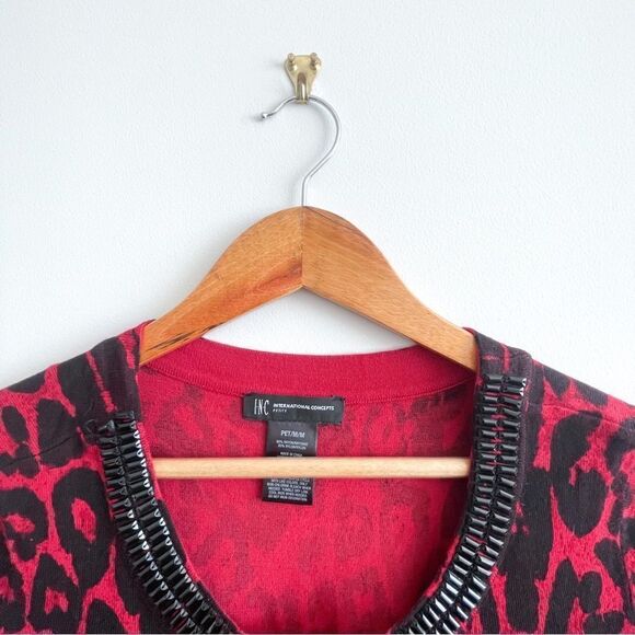 INC Leopard Sweater Top Red Black Bead Collar Trim Women's Petite M Long Sleeved - Picture 3 of 9